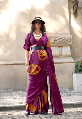 High quality spanish satin saree with satya paul inspired modern design pranch finish & matching spanish satin blouse 2