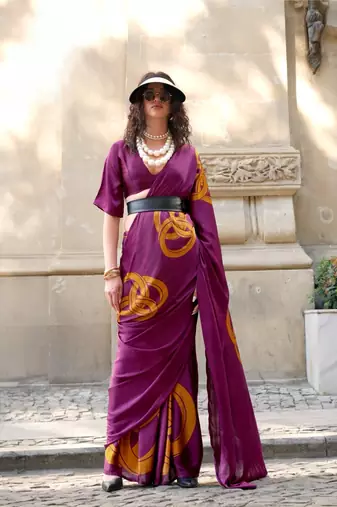 High quality spanish satin saree with satya paul inspired modern design pranch finish & matching spanish satin blouse