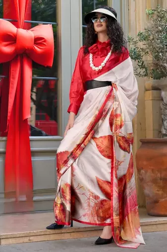 Spanish satin saree with satya paul modern design & pranch finish | premium spanish satin blouse
