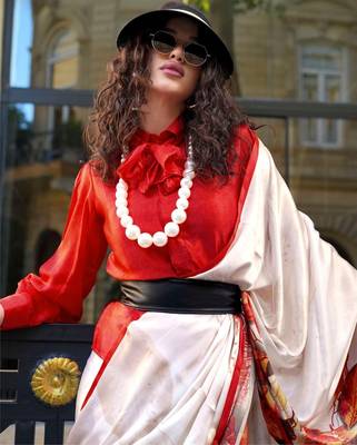 Spanish satin saree with satya paul modern design & pranch finish | premium spanish satin blouse 2