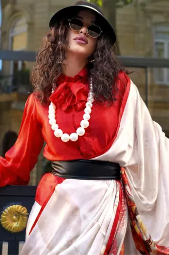 Spanish satin saree with satya paul modern design & pranch finish | premium spanish satin blouse