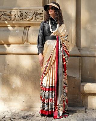 Premium spanish satin saree for casual carnival & uniform wear | satya paul modern print | spanish satin blouse 1