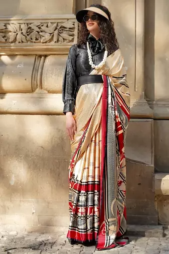 Premium spanish satin saree for casual, carnival & uniform wear | satya paul modern print | spanish satin blouse