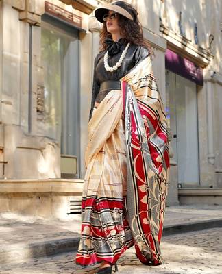 Premium spanish satin saree for casual carnival & uniform wear | satya paul modern print | spanish satin blouse 2