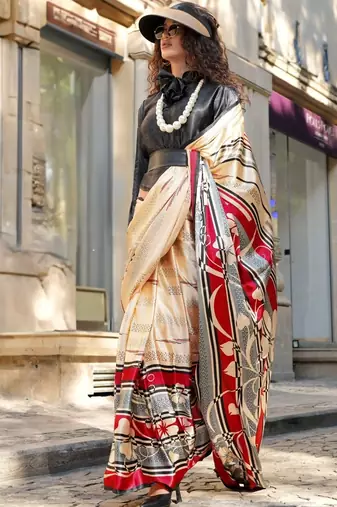 Premium spanish satin saree for casual carnival & uniform wear | satya paul modern print | spanish satin blouse
