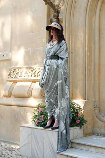 Premium spanish satin saree for casual, carnival & uniform wear | satya paul modern print | spanish satin blouse