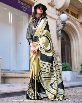 Premium spanish satin saree for casual carnival & uniform wear | satya paul modern print | spanish satin blouse 1