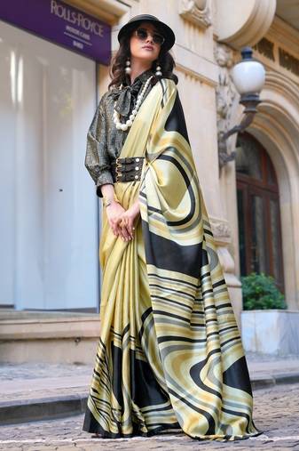 Premium spanish satin saree for casual, carnival & uniform wear | satya paul modern print | spanish satin blouse