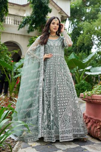 Sea green embroidered net designer anarkali gown