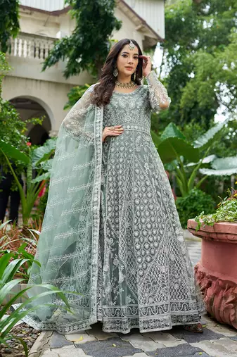 Sea green embroidered net designer anarkali gown