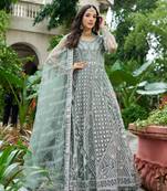 Sea green embroidered net designer anarkali gown