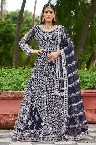 Navy blue embroidered net designer anarkali gown