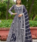 Navy blue embroidered net designer anarkali gown