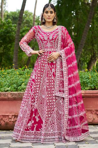 Rani pink embroidered net designer anarkali gown