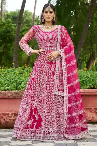 Rani pink embroidered net designer anarkali gown