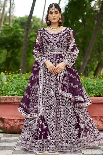 Dark purple embroidered net designer anarkali gown