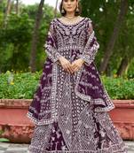 Dark purple embroidered net designer anarkali gown