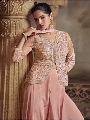 Baby pink georgette readymade suit with embroidery work - Full Stitched Free Size 2
