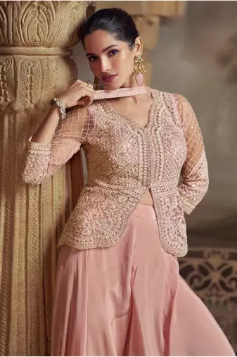 Baby pink georgette readymade suit with embroidery work - Full Stitched Free Size