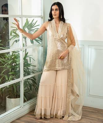 Gold embroidered georgette gharara set 1