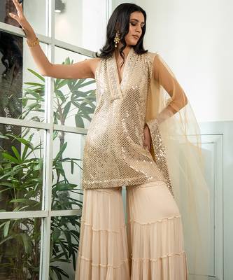 Gold embroidered georgette gharara set 2