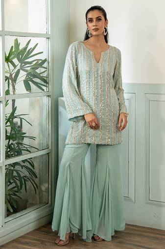 Green embroidered georgette kurta set