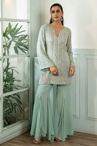 Green embroidered georgette kurta set