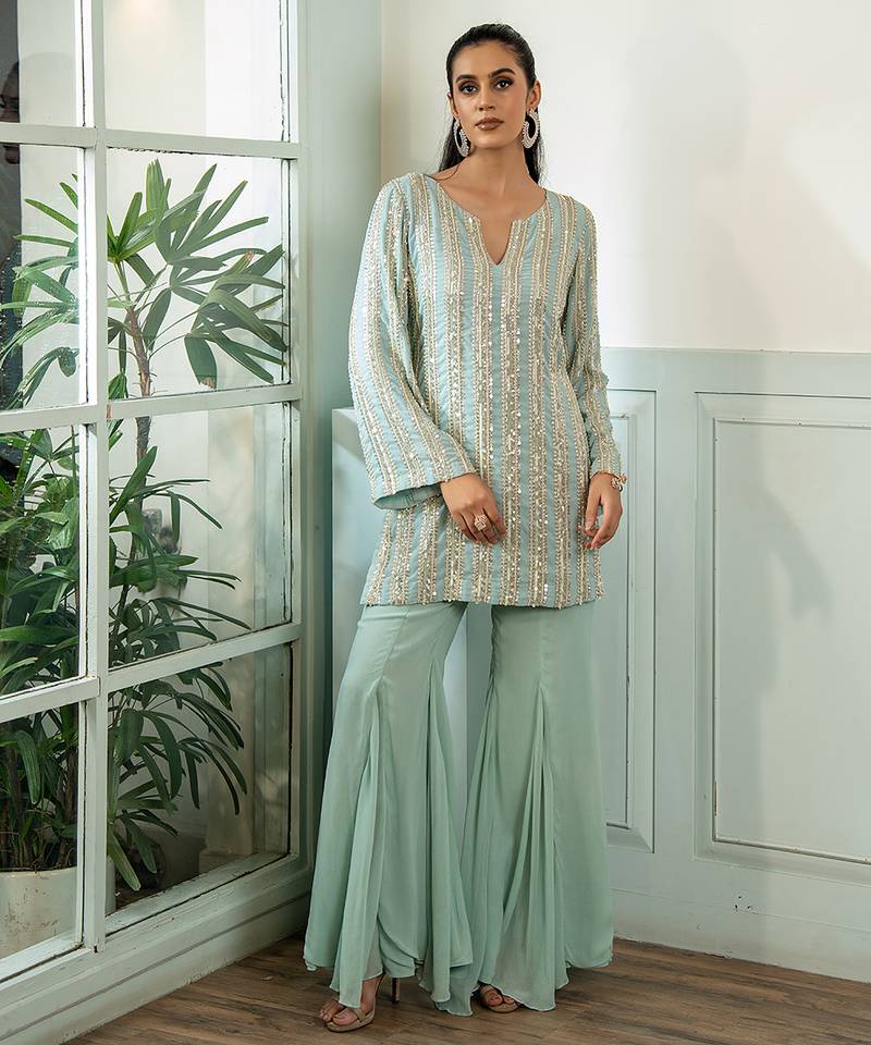 Green embroidered georgette kurta set