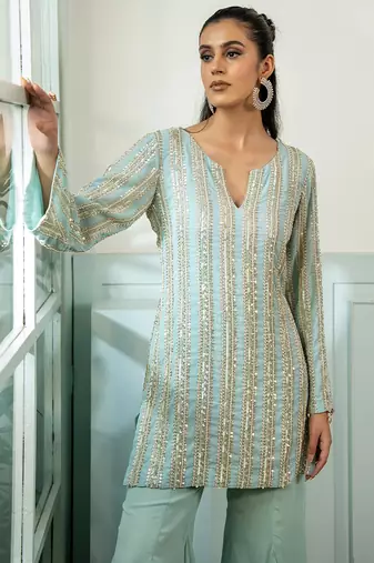 Green embroidered georgette kurta set