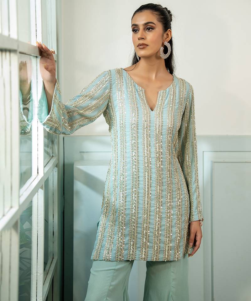 Green embroidered georgette kurta set