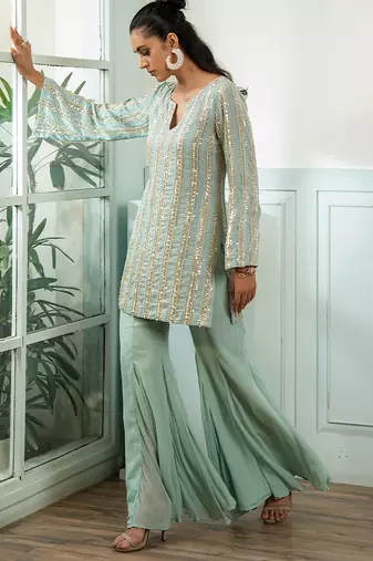Green embroidered georgette kurta set