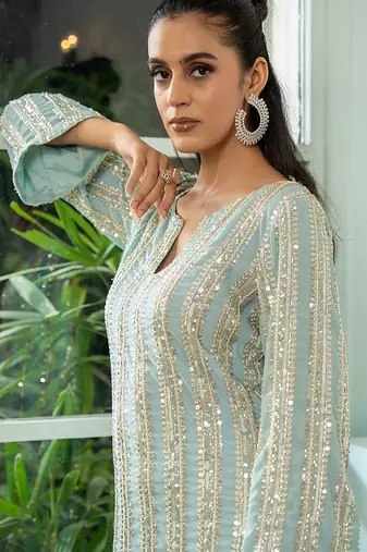 Green embroidered georgette kurta set