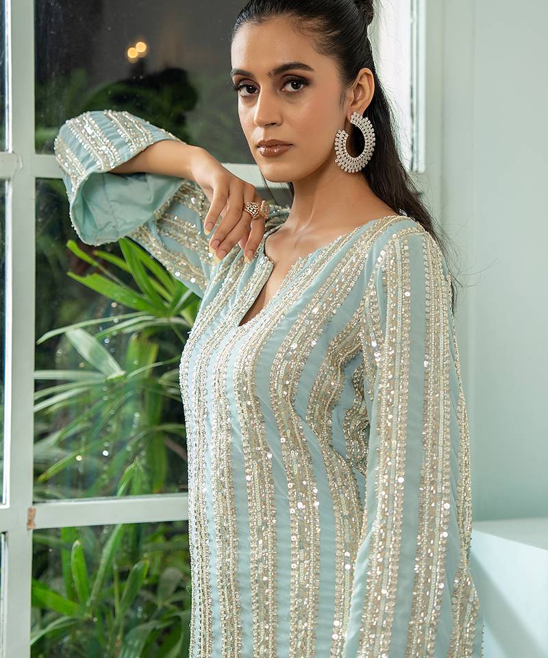 Green embroidered georgette kurta set