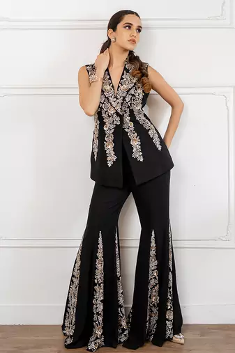 Black embroidered georgette co ord set