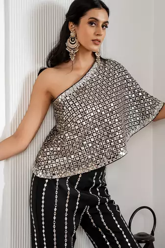 Black embroidered georgette cape set