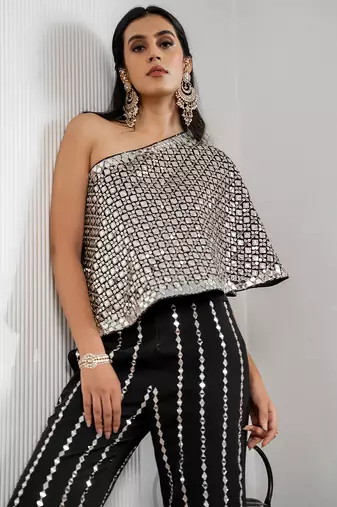 Black embroidered georgette cape set