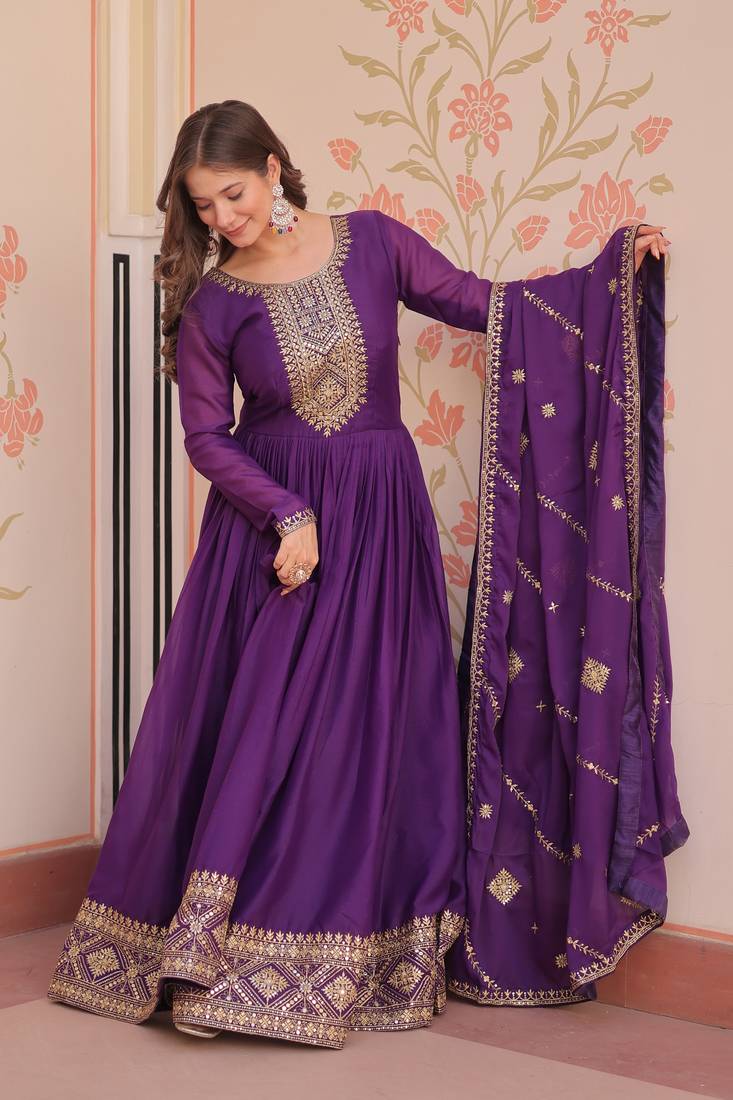 Purple Star Georgette Kurti And Duptta With Zari & Sequins Embroidered Work