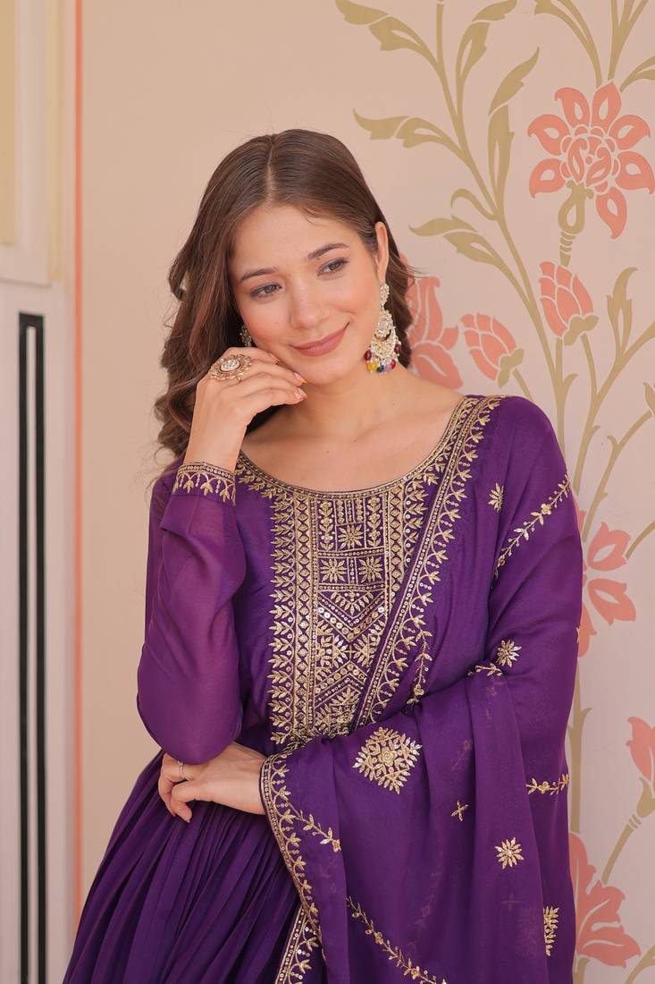 Purple Star Georgette Kurti And Duptta With Zari & Sequins Embroidered Work