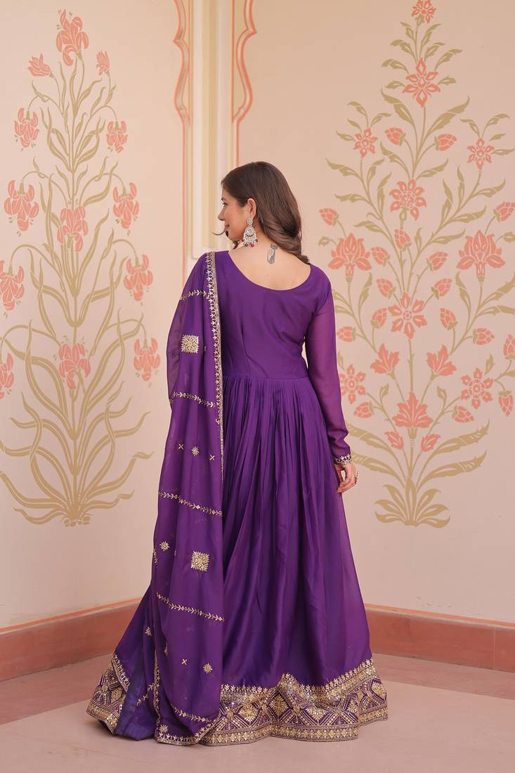 Purple Star Georgette Kurti And Duptta With Zari & Sequins Embroidered Work