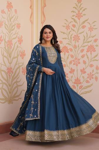 Rama  Star Georgette Kurti And Duptta With Zari & Sequins Embroidered Work