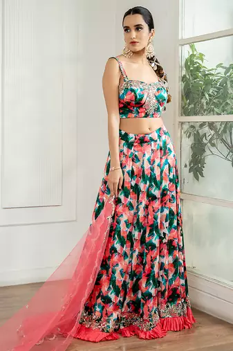 multicolor printed georgette lehenga set