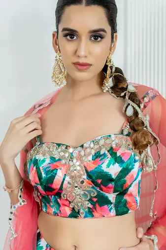multicolor printed georgette lehenga set