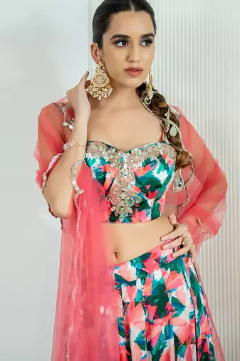 multicolor printed georgette lehenga set