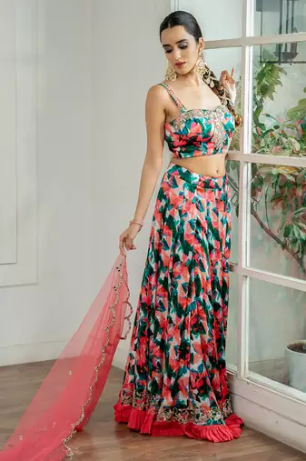 multicolor printed georgette lehenga set