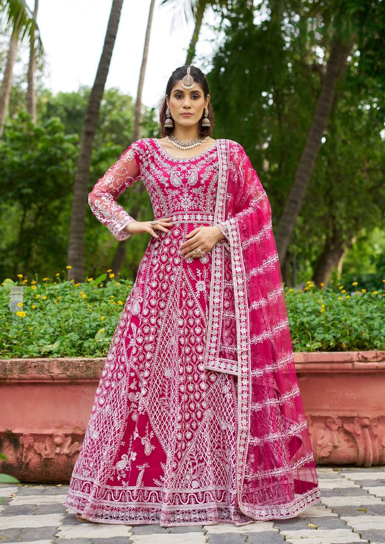 Pink butterfly net Anarkali With Dupatta