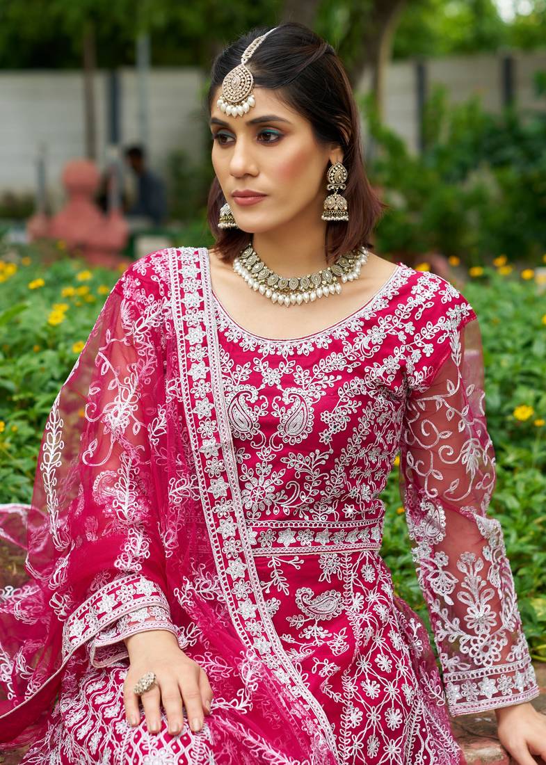 Pink butterfly net Anarkali With Dupatta