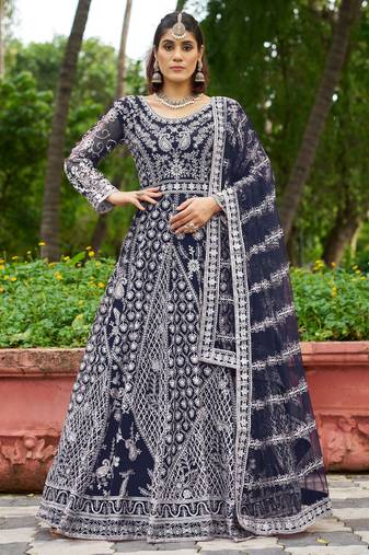 Blue butterfly net Anarkali With Dupatta