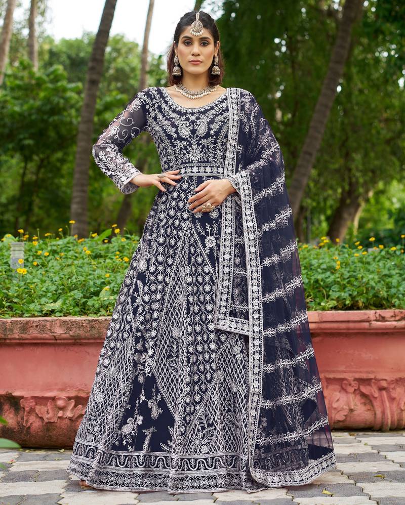 Blue butterfly net Anarkali With Dupatta