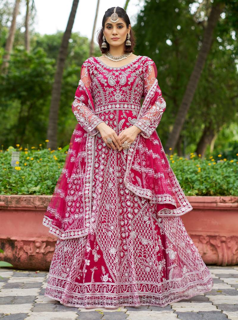 Pink butterfly net Anarkali With Dupatta