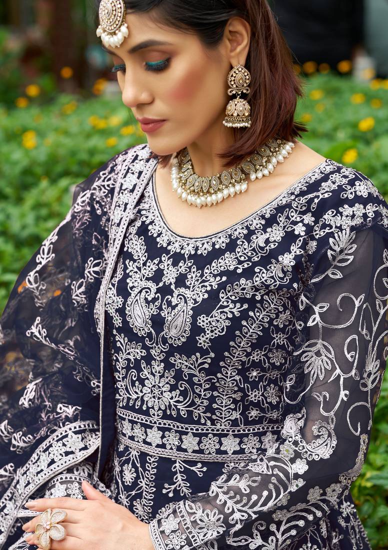 Blue butterfly net Anarkali With Dupatta